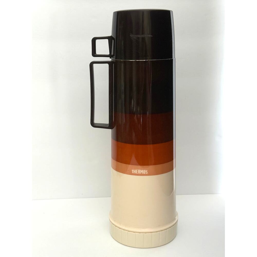 Vintage Thermos King Seeley Vacuum Bottle Food Beverage Canister Brown Stripes